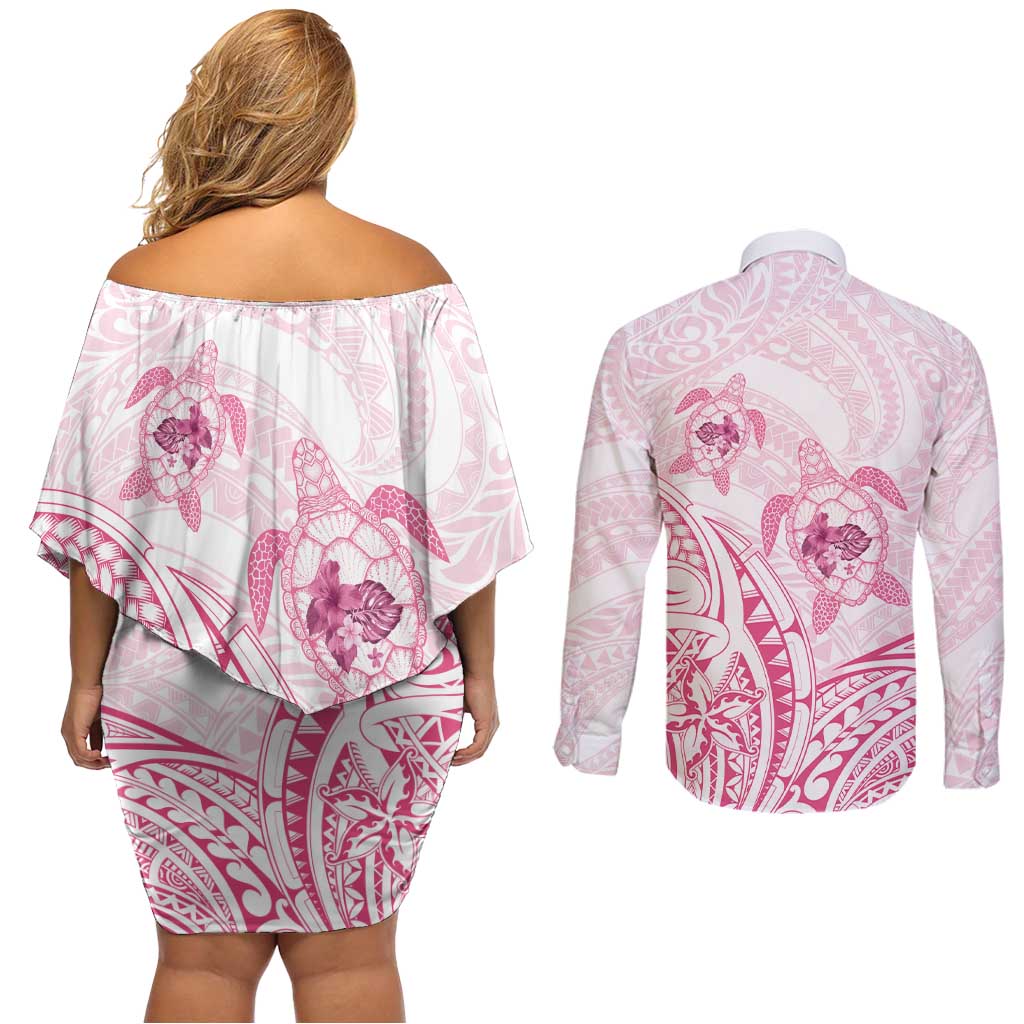 Pink White Polynesia Floral Sea Turtle Couples Matching Off Shoulder Short Dress and Long Sleeve Button Shirt LT14 - Polynesian Pride