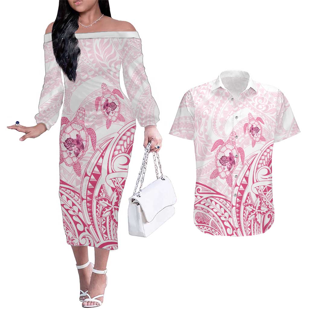 Pink White Polynesia Floral Sea Turtle Couples Matching Off The Shoulder Long Sleeve Dress and Hawaiian Shirt LT14 White - Polynesian Pride