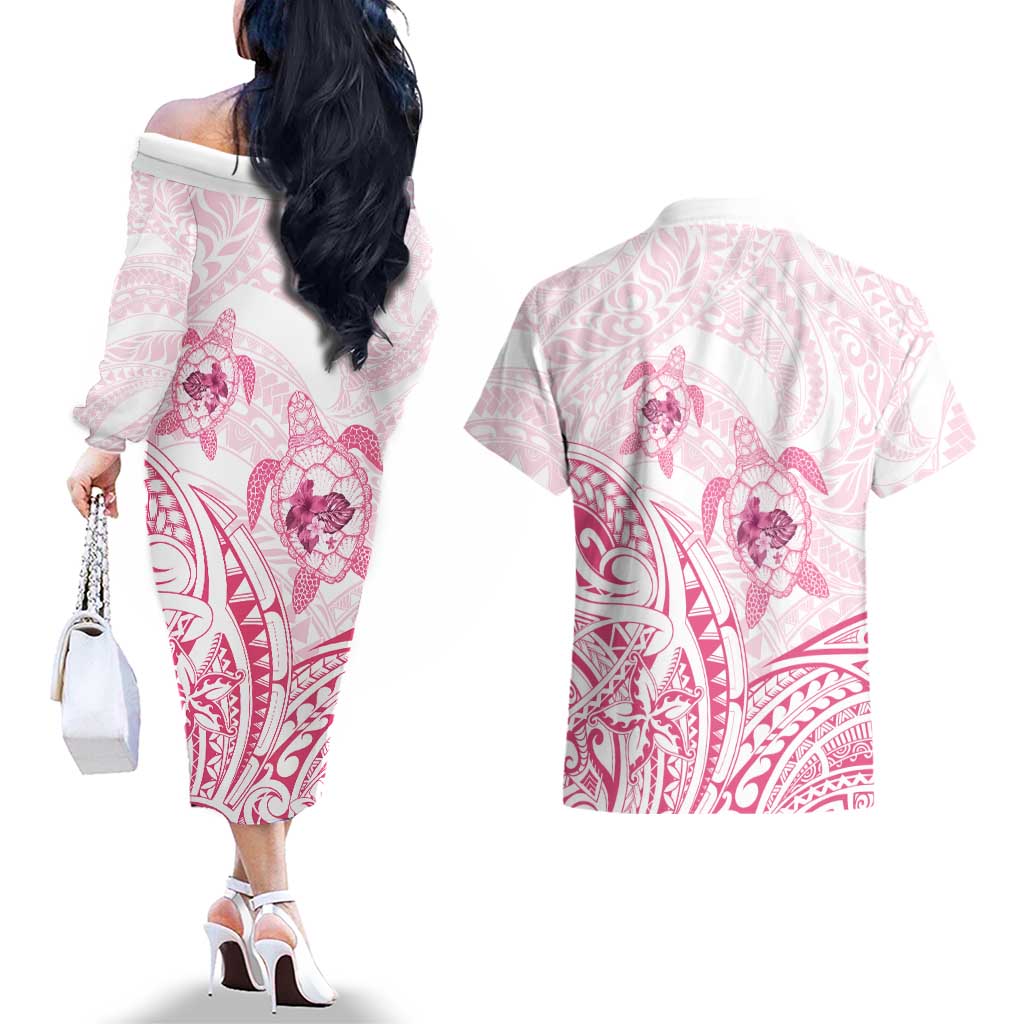 Pink White Polynesia Floral Sea Turtle Couples Matching Off The Shoulder Long Sleeve Dress and Hawaiian Shirt LT14 - Polynesian Pride