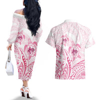Pink White Polynesia Floral Sea Turtle Couples Matching Off The Shoulder Long Sleeve Dress and Hawaiian Shirt LT14 - Polynesian Pride