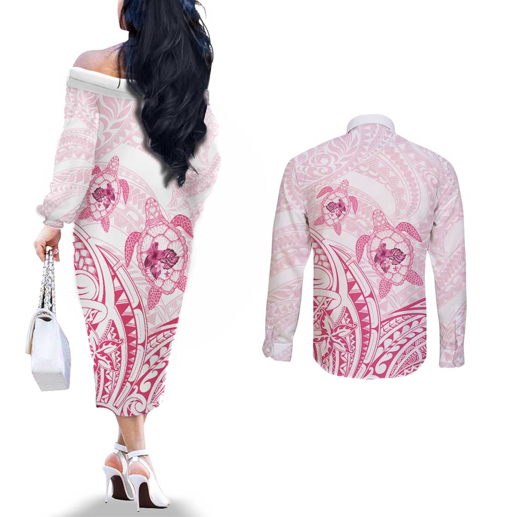 Pink White Polynesia Floral Sea Turtle Couples Matching Off The Shoulder Long Sleeve Dress and Long Sleeve Button Shirt LT14 - Polynesian Pride