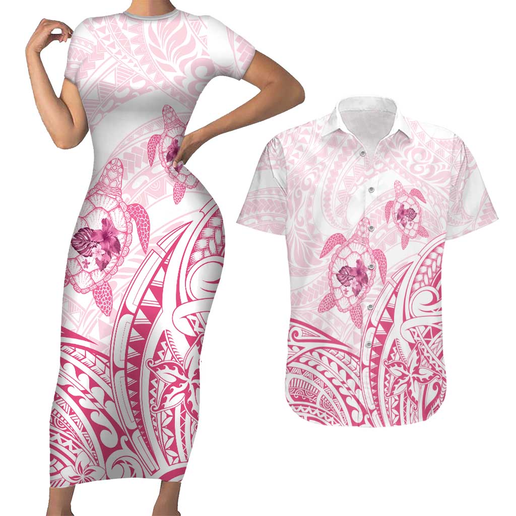 Pink White Polynesia Floral Sea Turtle Couples Matching Short Sleeve Bodycon Dress and Hawaiian Shirt LT14 White - Polynesian Pride