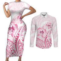Pink White Polynesia Floral Sea Turtle Couples Matching Short Sleeve Bodycon Dress and Long Sleeve Button Shirt LT14 White - Polynesian Pride