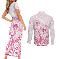 Pink White Polynesia Floral Sea Turtle Couples Matching Short Sleeve Bodycon Dress and Long Sleeve Button Shirt LT14 - Polynesian Pride