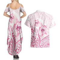 Pink White Polynesia Floral Sea Turtle Couples Matching Summer Maxi Dress and Hawaiian Shirt LT14 - Polynesian Pride