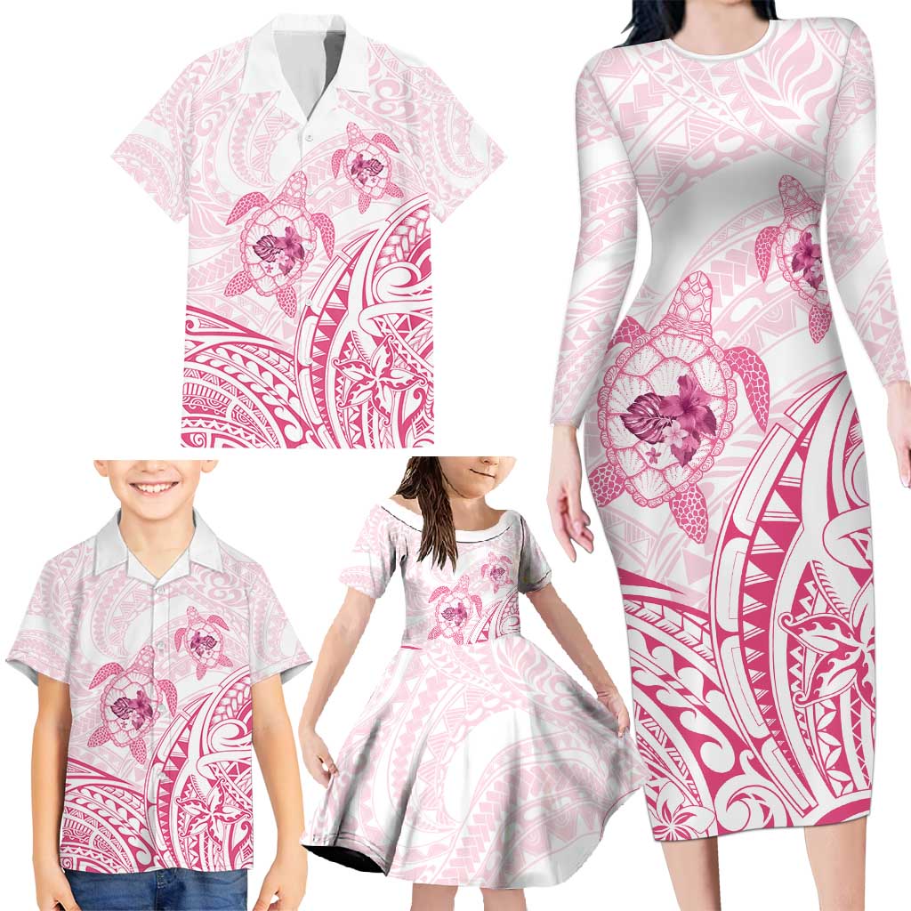 Pink White Polynesia Floral Sea Turtle Family Matching Long Sleeve Bodycon Dress and Hawaiian Shirt - Polynesian Pride