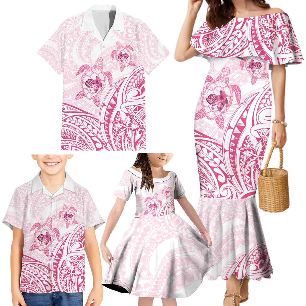 Pink White Polynesia Floral Sea Turtle Family Matching Mermaid Dress and Hawaiian Shirt - Polynesian Pride
