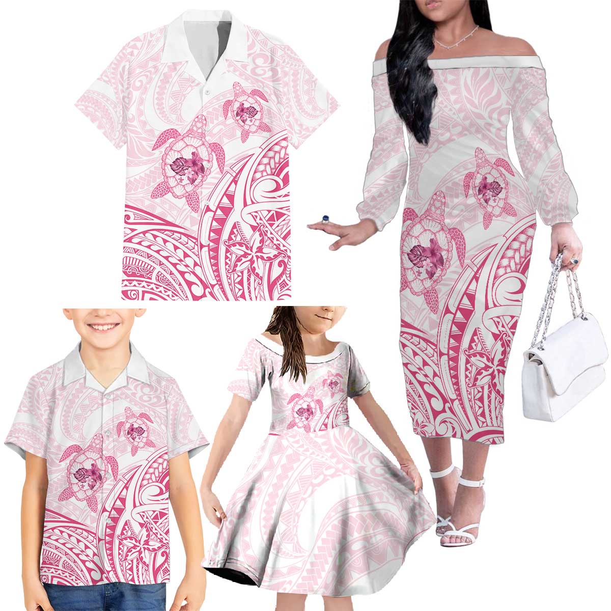 Pink White Polynesia Floral Sea Turtle Family Matching Off The Shoulder Long Sleeve Dress and Hawaiian Shirt - Polynesian Pride