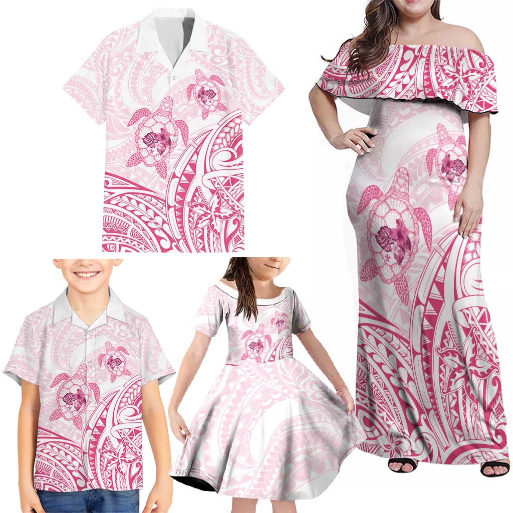 Pink White Polynesia Floral Sea Turtle Family Matching Off Shoulder Maxi Dress and Hawaiian Shirt - Polynesian Pride