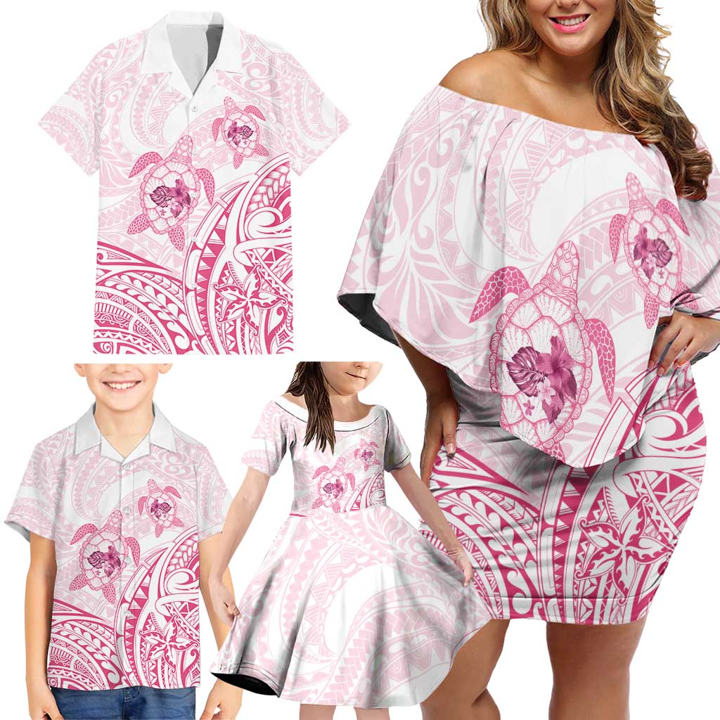 Pink White Polynesia Floral Sea Turtle Family Matching Off Shoulder Short Dress and Hawaiian Shirt - Polynesian Pride