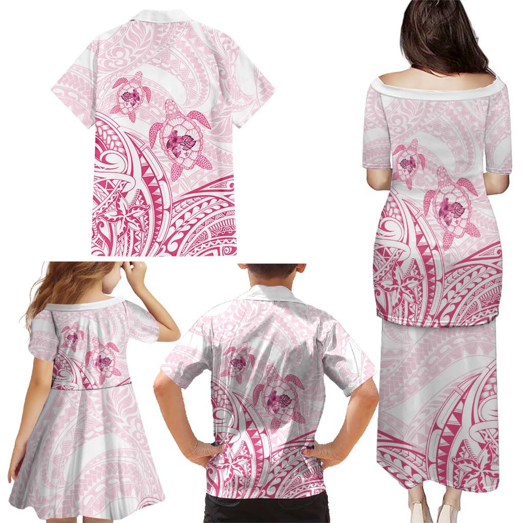 Pink White Polynesia Floral Sea Turtle Family Matching Puletasi and Hawaiian Shirt LT14 - Polynesian Pride