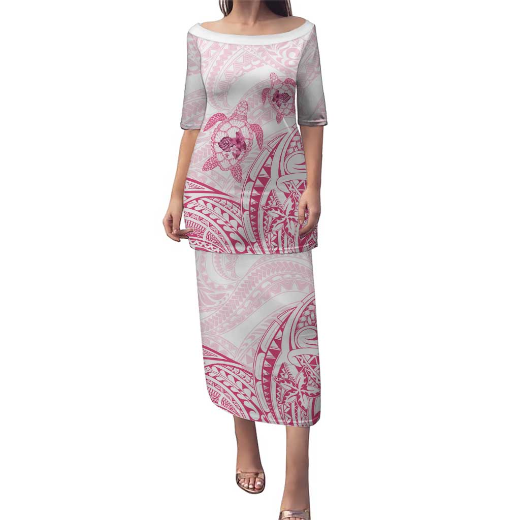 Pink White Polynesia Floral Sea Turtle Family Matching Puletasi and Hawaiian Shirt LT14 Mom's Dress White - Polynesian Pride
