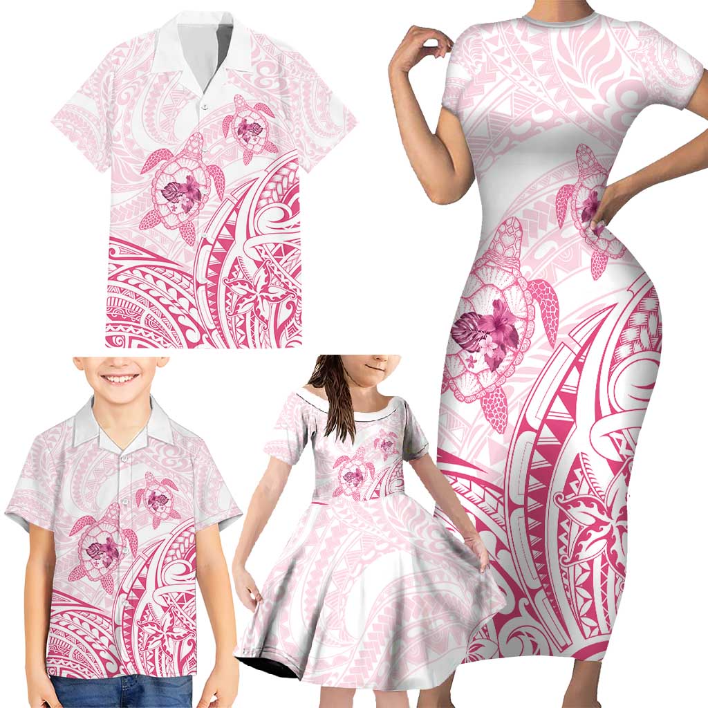 Pink White Polynesia Floral Sea Turtle Family Matching Short Sleeve Bodycon Dress and Hawaiian Shirt - Polynesian Pride