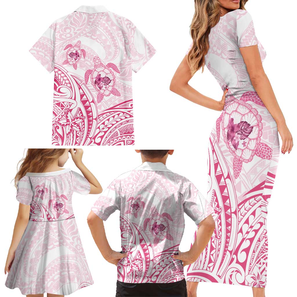 Pink White Polynesia Floral Sea Turtle Family Matching Short Sleeve Bodycon Dress and Hawaiian Shirt - Polynesian Pride