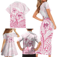 Pink White Polynesia Floral Sea Turtle Family Matching Short Sleeve Bodycon Dress and Hawaiian Shirt - Polynesian Pride
