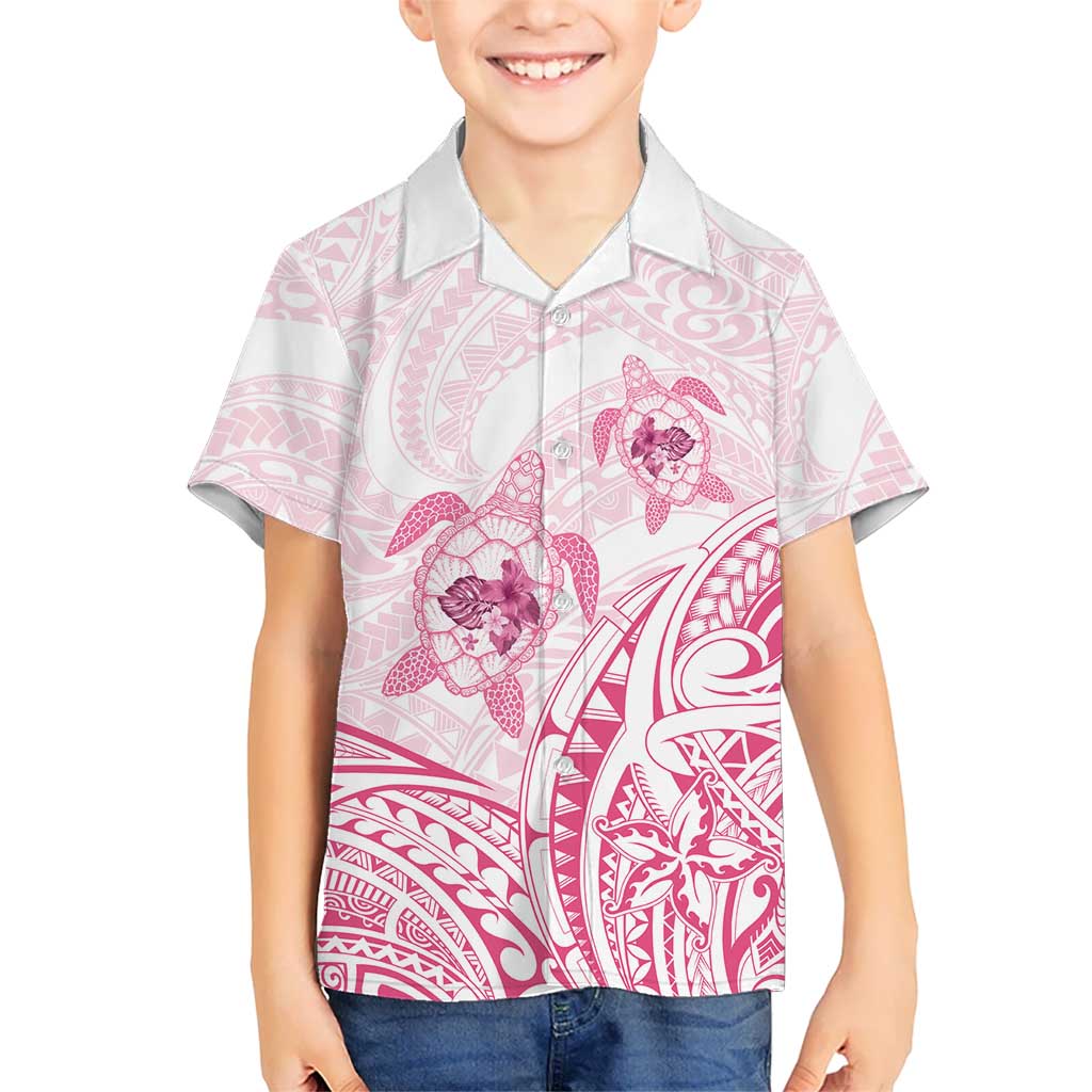 Pink White Polynesia Floral Sea Turtle Family Matching Short Sleeve Bodycon Dress and Hawaiian Shirt - Polynesian Pride