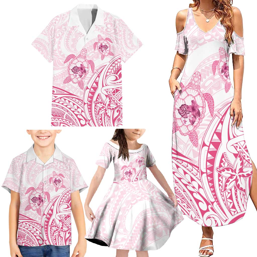 Pink White Polynesia Floral Sea Turtle Family Matching Summer Maxi Dress and Hawaiian Shirt - Polynesian Pride