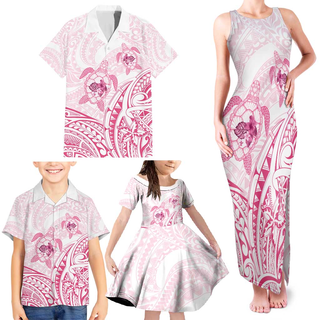 Pink White Polynesia Floral Sea Turtle Family Matching Tank Maxi Dress and Hawaiian Shirt - Polynesian Pride