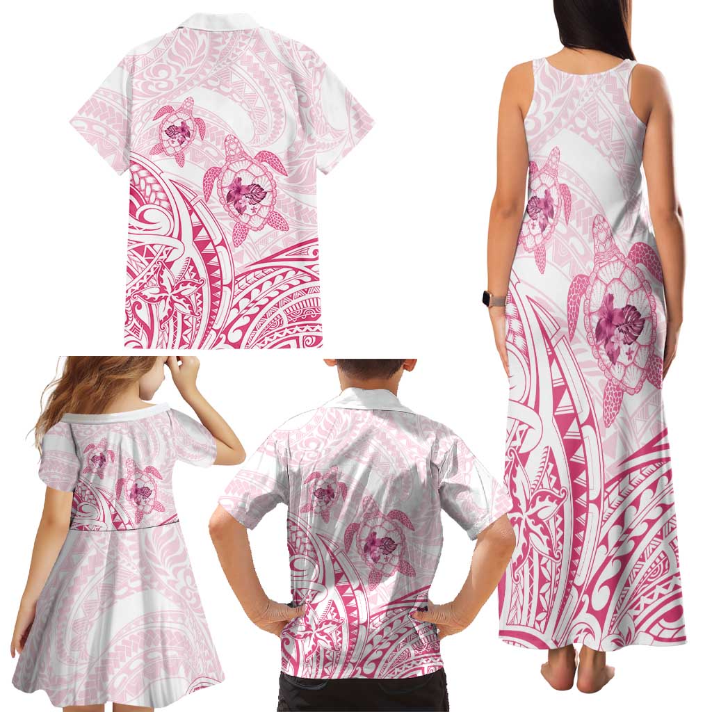 Pink White Polynesia Floral Sea Turtle Family Matching Tank Maxi Dress and Hawaiian Shirt - Polynesian Pride