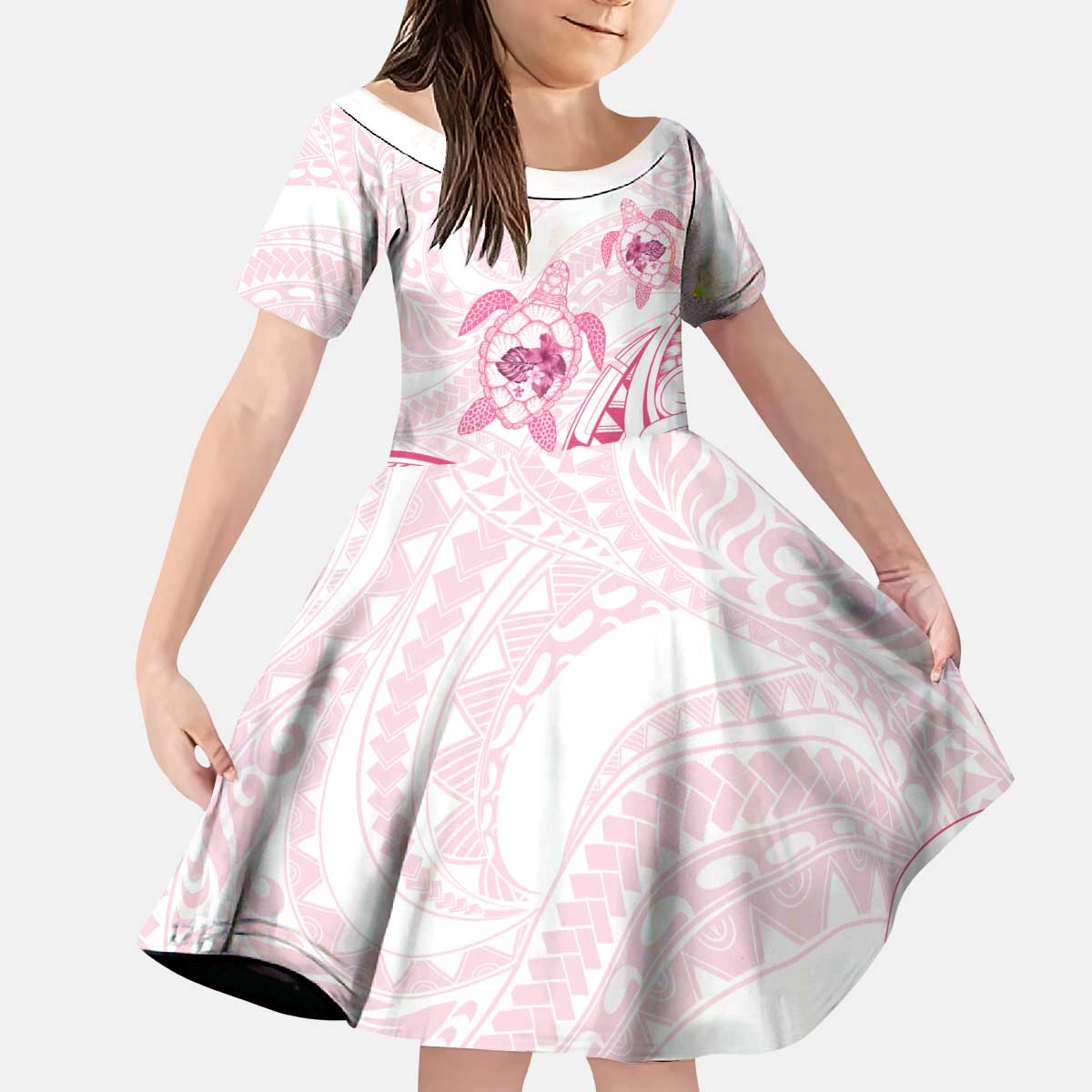 Pink White Polynesia Floral Sea Turtle Kid Short Sleeve Dress LT14 KID White - Polynesian Pride
