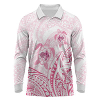 Pink White Polynesia Floral Sea Turtle Long Sleeve Polo Shirt - Polynesian Pride