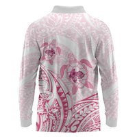 Pink White Polynesia Floral Sea Turtle Long Sleeve Polo Shirt - Polynesian Pride