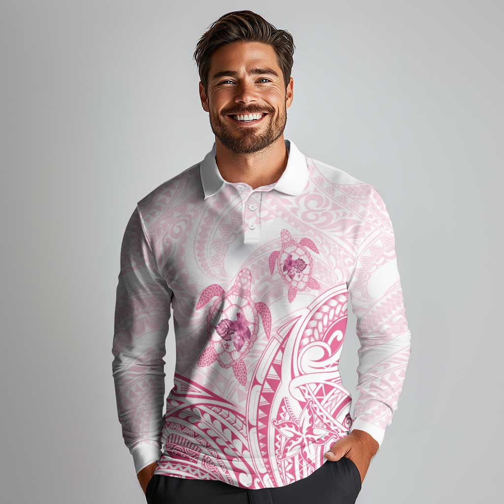 Pink White Polynesia Floral Sea Turtle Long Sleeve Polo Shirt - Polynesian Pride