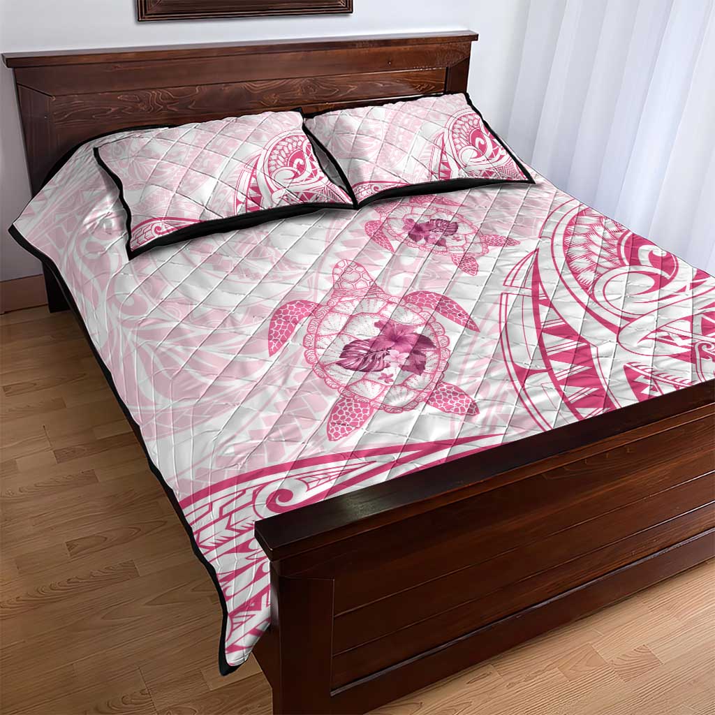 Pink White Polynesia Floral Sea Turtle Quilt Bed Set - Polynesian Pride