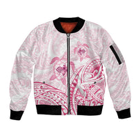 Pink White Polynesia Floral Sea Turtle Sleeve Zip Bomber Jacket LT14 Unisex White - Polynesian Pride