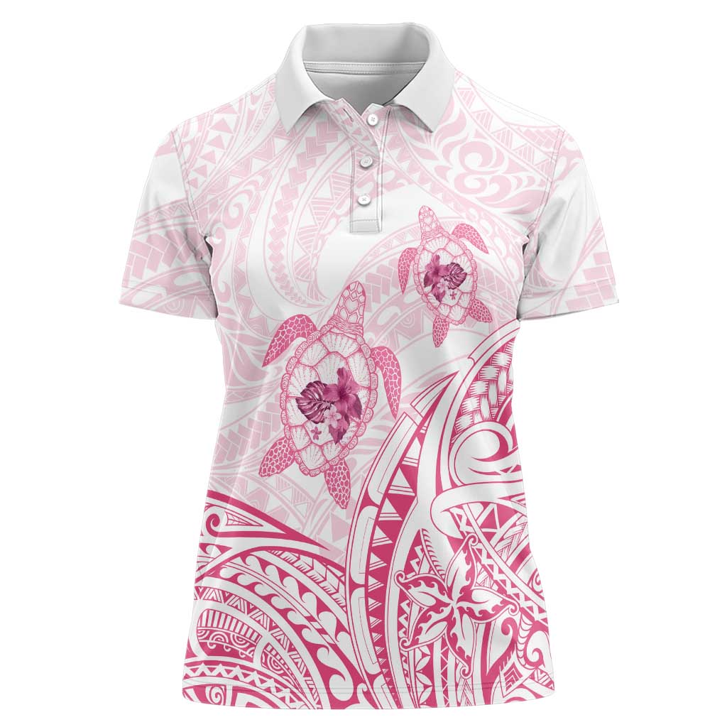 Pink White Polynesia Floral Sea Turtle Women Polo Shirt LT14 Female White - Polynesian Pride