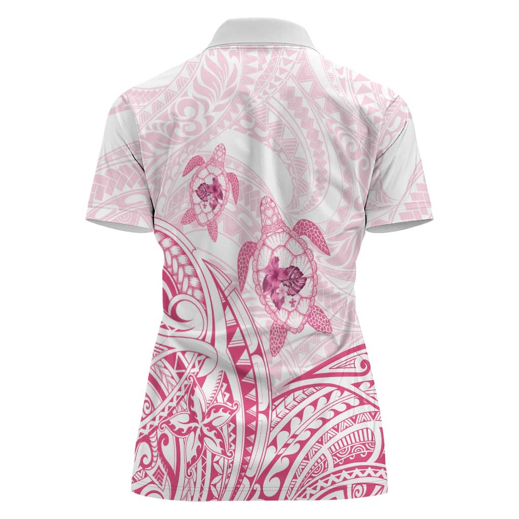 Pink White Polynesia Floral Sea Turtle Women Polo Shirt LT14 - Polynesian Pride