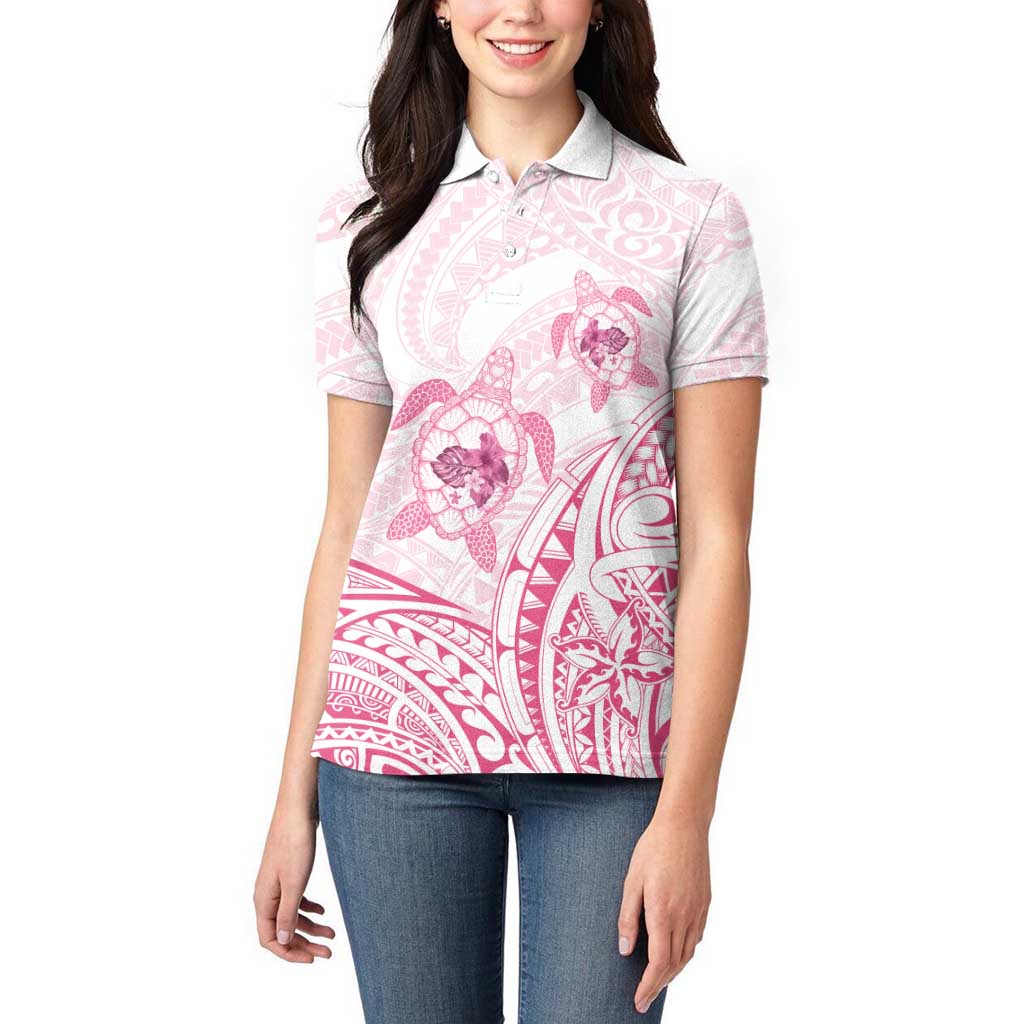 Pink White Polynesia Floral Sea Turtle Women Polo Shirt LT14 - Polynesian Pride