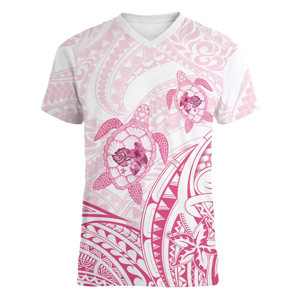 Pink White Polynesia Floral Sea Turtle Women V-Neck T-Shirt LT14 Female White - Polynesian Pride