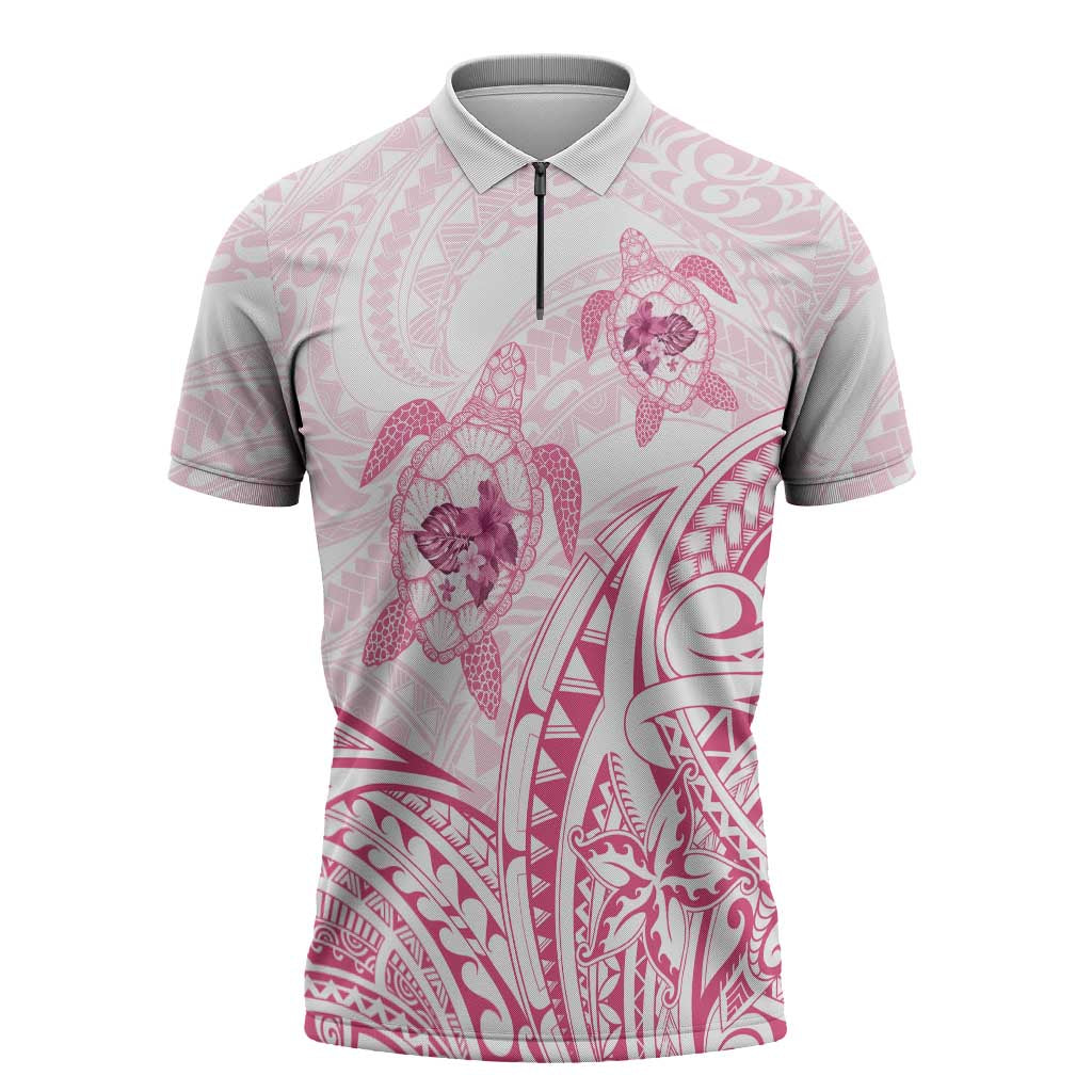 Pink White Polynesia Floral Sea Turtle Zipper Polo Shirt LT14 White - Polynesian Pride