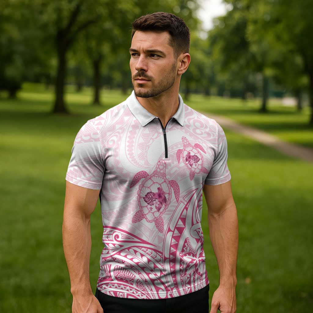 Pink White Polynesia Floral Sea Turtle Zipper Polo Shirt LT14 - Polynesian Pride