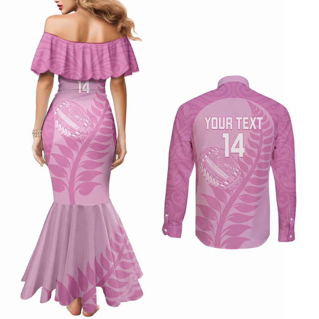 Custom New Zealand Silver Fern Rugby 2025 Couples Matching Mermaid Dress and Long Sleeve Button Shirt All Black Aotearoa Maori Pink