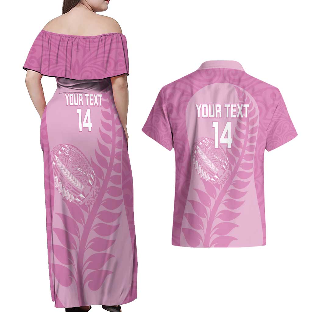 Custom New Zealand Silver Fern Rugby 2025 Couples Matching Off Shoulder Maxi Dress and Hawaiian Shirt All Black Aotearoa Maori Pink
