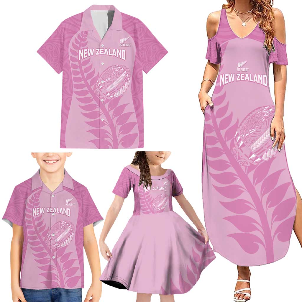 Custom New Zealand Silver Fern Rugby 2025 Family Matching Summer Maxi Dress and Hawaiian Shirt All Black Aotearoa Maori Pink