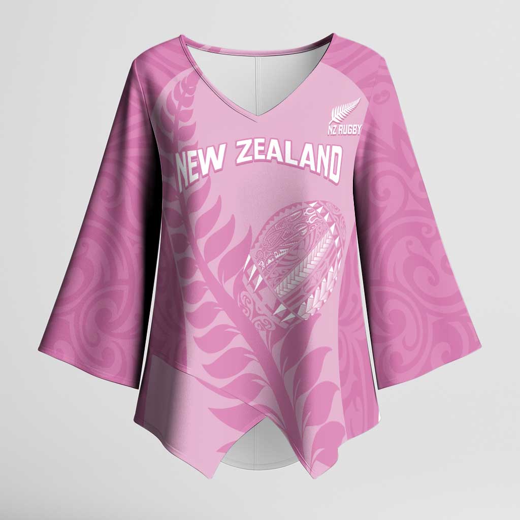 Custom New Zealand Silver Fern Rugby 2025 Kimono Sleeve Blouse All Black Aotearoa Maori Pink - Polynesian Pride