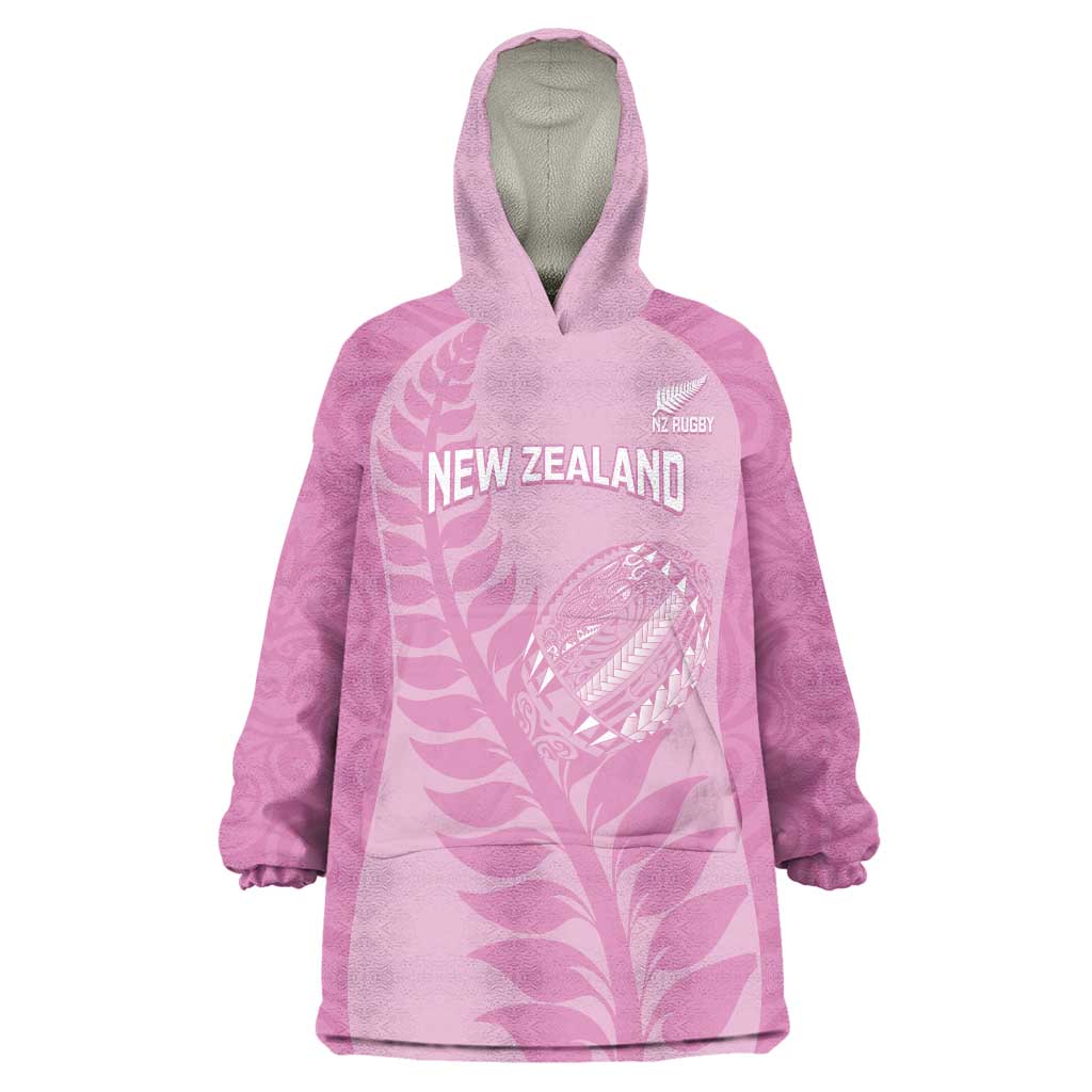 Custom New Zealand Silver Fern Rugby 2025 Wearable Blanket Hoodie All Black Aotearoa Maori Pink