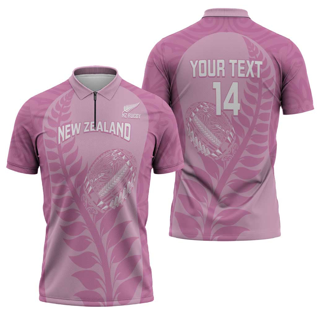 Custom New Zealand Silver Fern Rugby 2025 Zipper Polo Shirt All Black Aotearoa Maori Pink - Polynesian Pride