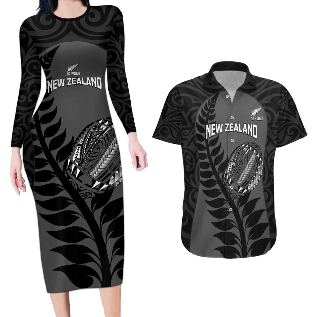Custom New Zealand Silver Fern Rugby 2025 Couples Matching Long Sleeve Bodycon Dress and Hawaiian Shirt Go Champions Aotearoa Maori Black