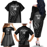 Custom New Zealand Silver Fern Rugby 2025 Family Matching Off The Shoulder Long Sleeve Dress and Hawaiian Shirt Go Champions Aotearoa Maori Black