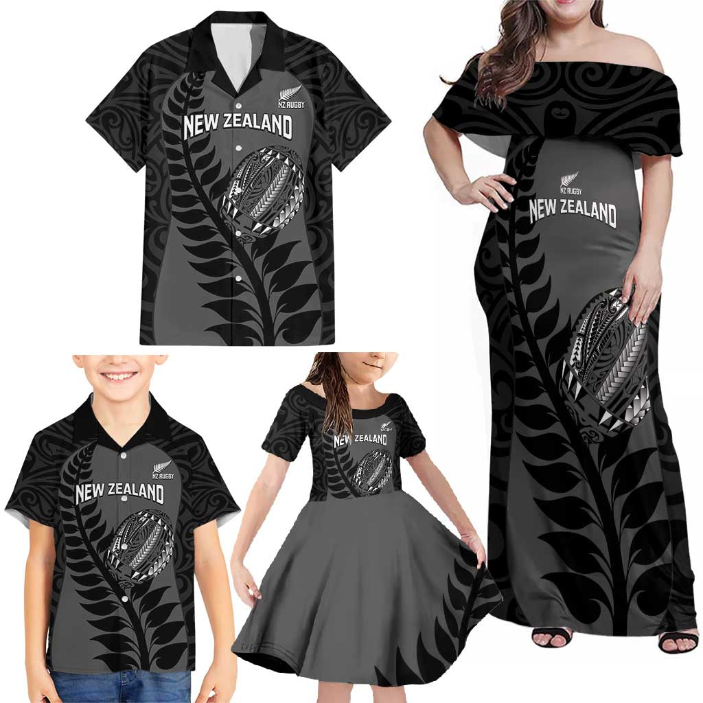 Custom New Zealand Silver Fern Rugby 2025 Family Matching Off Shoulder Maxi Dress and Hawaiian Shirt Go Champions Aotearoa Maori Black