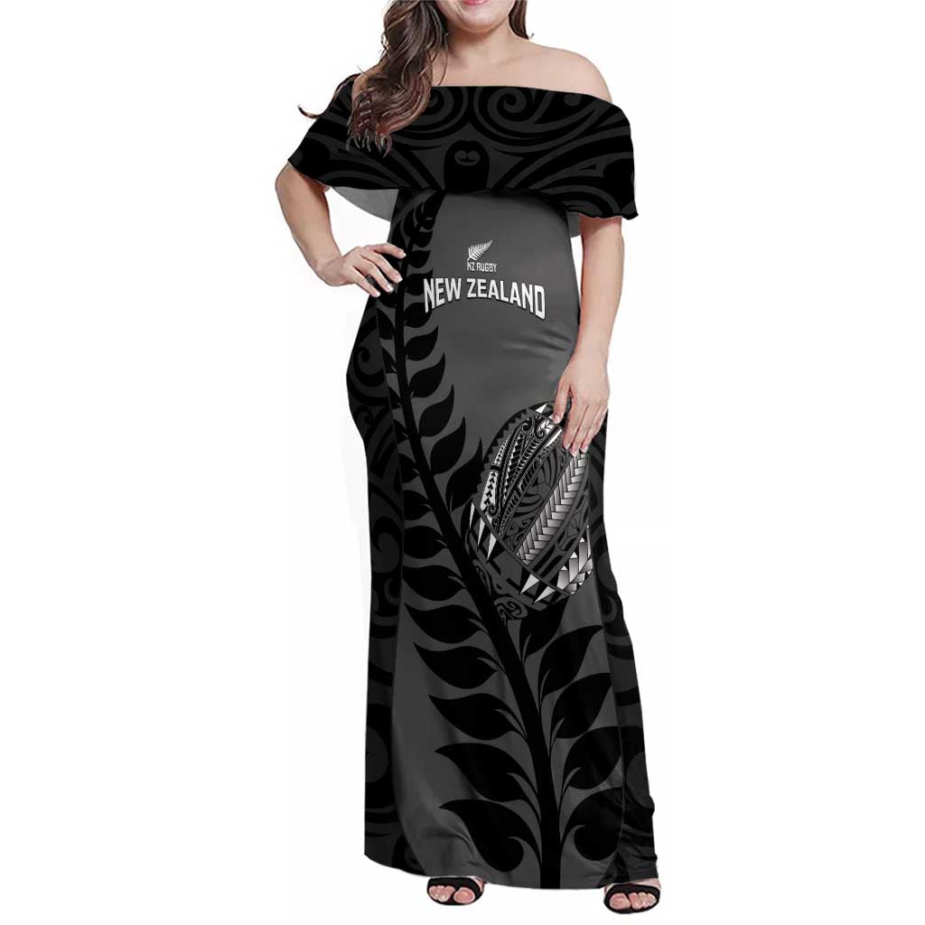 Custom New Zealand Silver Fern Rugby 2025 Family Matching Off Shoulder Maxi Dress and Hawaiian Shirt Go Champions Aotearoa Maori Black