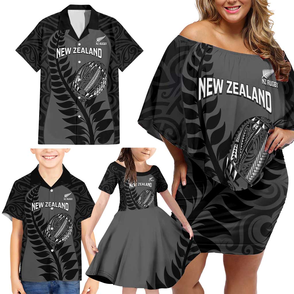 Custom New Zealand Silver Fern Rugby 2025 Family Matching Off Shoulder Short Dress and Hawaiian Shirt Go Champions Aotearoa Maori Black