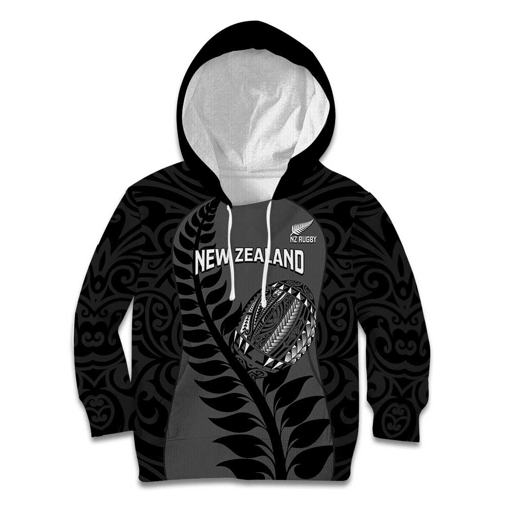 Custom New Zealand Silver Fern Rugby 2025 Kid Hoodie Go Champions Aotearoa Maori Black