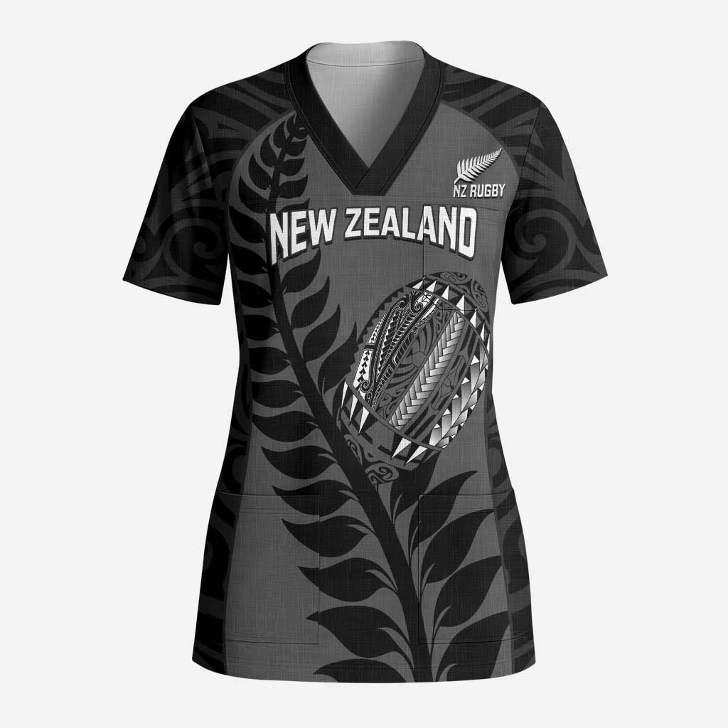 Custom New Zealand Silver Fern Rugby 2025 Scrub Top Go Champions Aotearoa Maori Black - Polynesian Pride