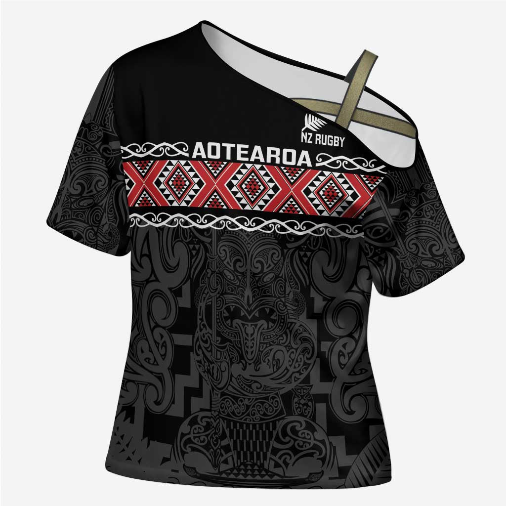 Custom New Zealand Silver Fern Rugby Cross Shoulder Shirt All Black Maori Taniko Pattern - Polynesian Pride