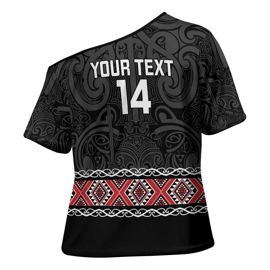 Custom New Zealand Silver Fern Rugby Cross Shoulder Shirt All Black Maori Taniko Pattern - Polynesian Pride